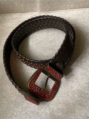 B.B. Simon Dark Brown Leather Belt with Red Crystal Buckle and Accents